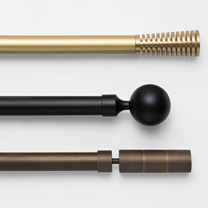 A product image of Madison Track in Gold, Black and Bronze shows modern hardware for sliding glass door curtain ideas